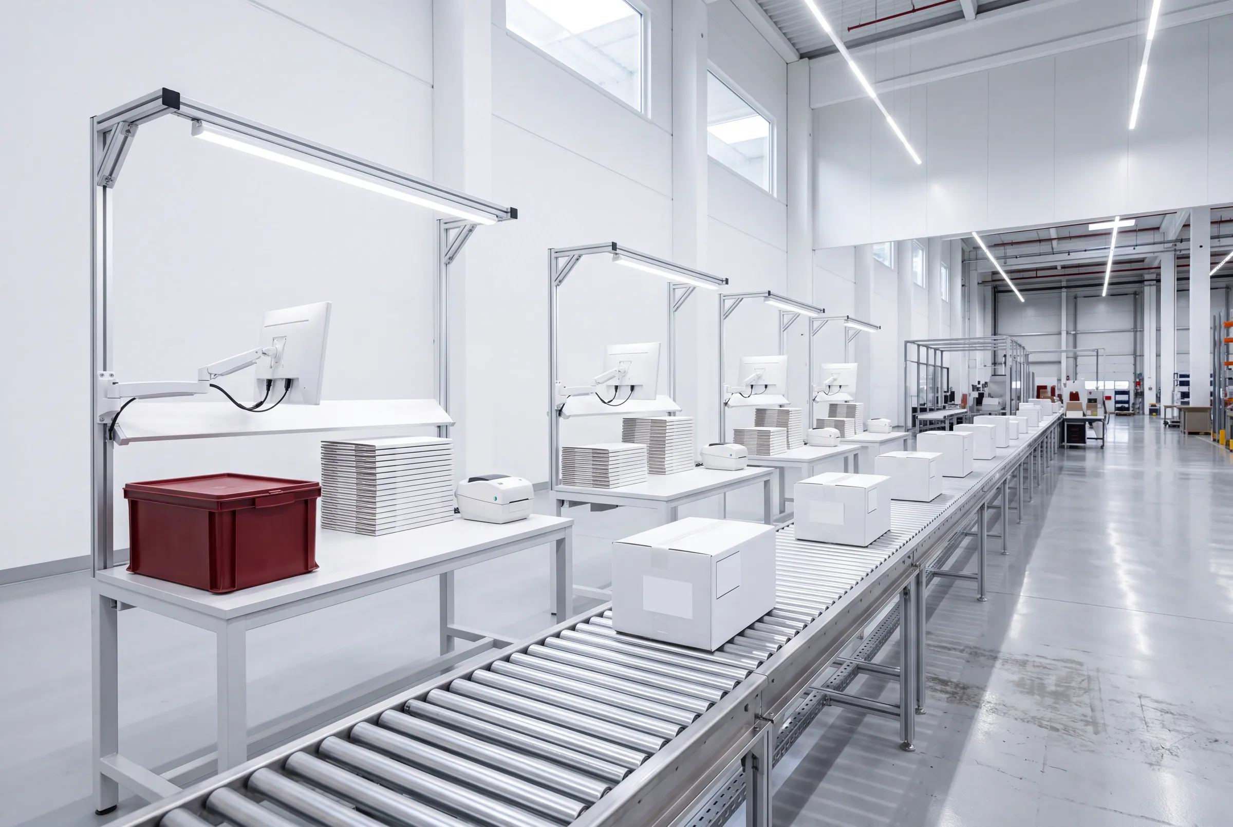 A packing station with a sealed carton on a roller conveyor, a label printer and a stack of flat cartons
