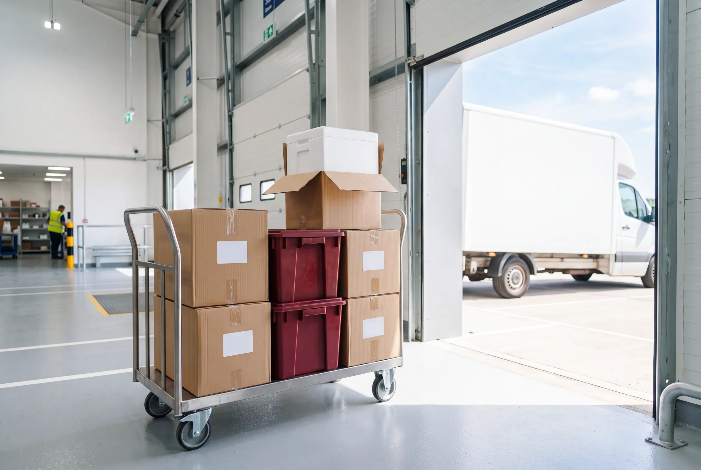 A loaded platform cart inside an open loading door, a delivery van waiting outside
